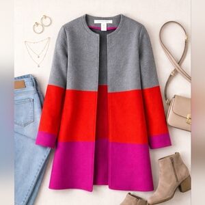 Max Studio Wool Colorblock Coatigan Women's Medium Open Front Gray Red Magenta